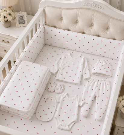 Haine bebe fetite - Set 7 piese, trusou, Bumbac pieptanat, pentru maternitate, Inimioare
