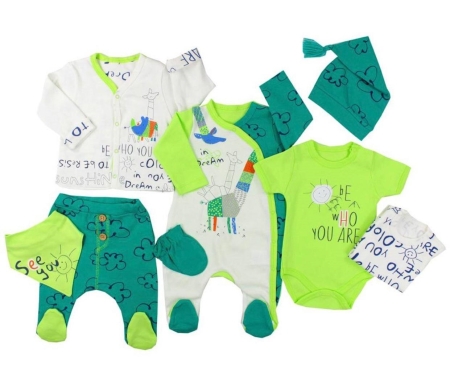 Set nou nascut - Set 8 piese hainute bebe,alb-verde