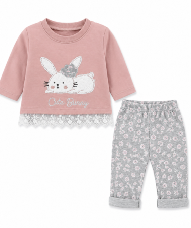Haine bebe fetite - Set bebe 2 piese – bluză cu iepuraș și pantaloni cu imprimeu floral
