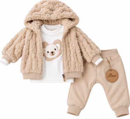 Set nou nascut - Set bebe 3 piese cu geaca pufoasă