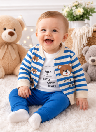 Set nou nascut - Set bebe 3 piese cu hanorac și pantaloni, din bumbac, Albastru