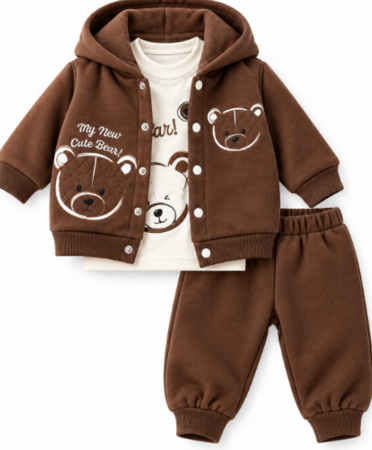 Haine bebe baietei - Set bebe 3 piese cu jachetă și pantaloni – Flausat, Maro