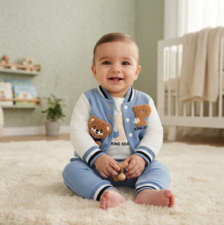 Costumase vara-primavara - Set bebe 3 piese din bumbac – body, jachetă și pantaloni, model King Bear
