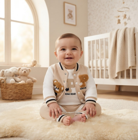 Haine bebe baietei - Set bebe 3 piese din bumbac – body, jachetă și pantaloni, model King Bear, Bej