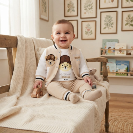 Haine bebe baietei - Set bebe 3 piese din bumbac – body, jachetă și pantaloni, model King Bear, Mr. Broms, Bej