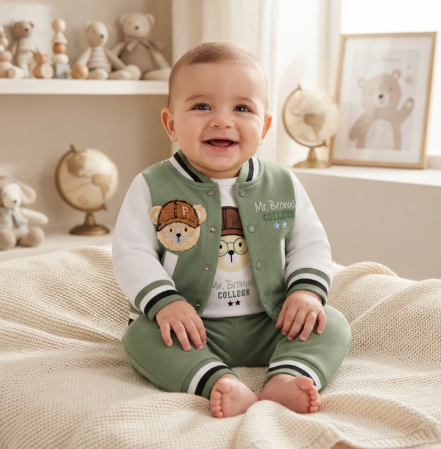 Haine bebe baietei - Set bebe 3 piese din bumbac – body, jachetă și pantaloni, model King Bear, Mr. Broms, Verde