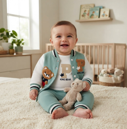 Haine bebe baietei - Set bebe 3 piese din bumbac – body, jachetă și pantaloni, model King Bear, Verde