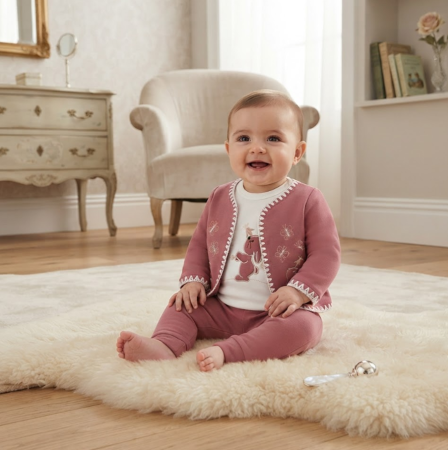 Costumase - Set bebe 3 piese din bumbac plinuț, Rabbit Lux– confort și eleganță pentru cei mici, Burgund