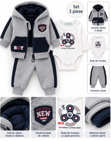 Costumase toamna-iarna - Set bebe 3 piese din bumbac, vătuit – confort și căldură, Gri