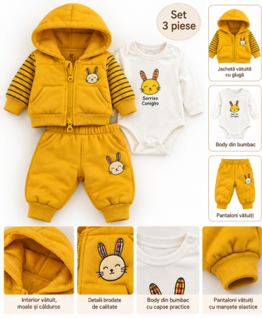 Set nou nascut - Set bebe 3 piese din bumbac, vătuit – confort și căldură, Iepuras stilizat