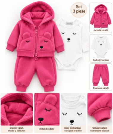 Costumase toamna-iarna - Set bebe 3 piese din bumbac, vătuit – confort și căldură, Ochisori