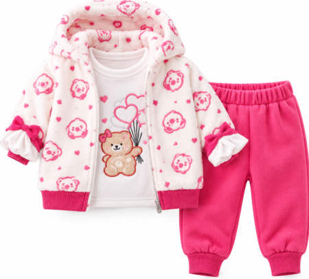 Haine bebe fetite - Set bebe 3 piese gros și flaușat – jachetă, bluză și pantaloni, Ursulina