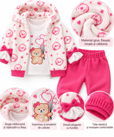 Haine bebe fetite - Set bebe 3 piese gros și flaușat – jachetă, bluză și pantaloni, Ursulina