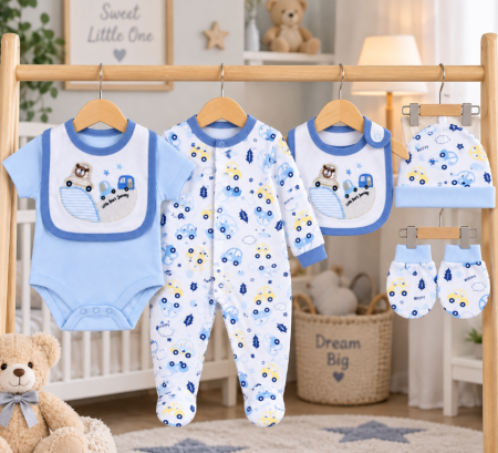 Haine bebe baietei - Set bebe 5 piese din bumbac 100% – confort și delicatețe pentru cei mici, Bebe la plimbare, 0-3 luni