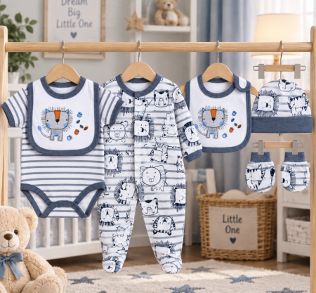 Set nou nascut - Set bebe 5 piese din bumbac 100% – confort și delicatețe pentru cei mici, Bebe motanel, 0-3 luni