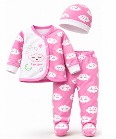 Haine bebe fetite - Set bebeluși, 3 piese „Rain Bow” , cu imprimeu norișori, Roz