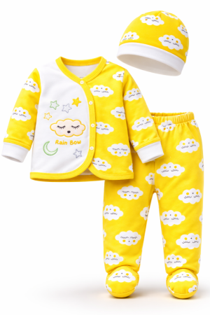Costumase toamna-iarna - Set bebeluși, 3 piese „Rain Bow” , cu imprimeu norișori