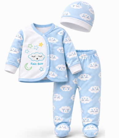 Haine bebe baietei - Set bebeluși, 3 piese „Rain Bow” , cu imprimeu norișori, albastru, 0-3 luni
