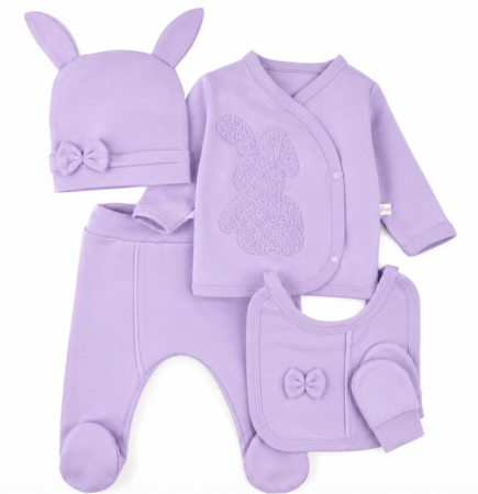 Costumase toamna-iarna - Set bebeluși, 5 piese, liliac, cu iepuraș, model premium, 0-3 luni