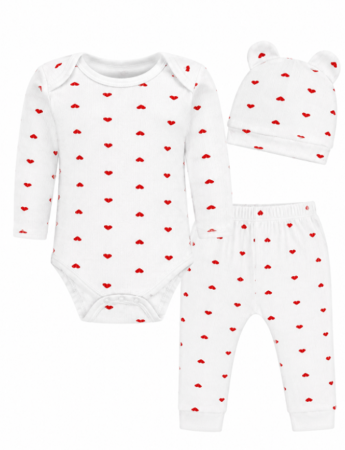 Haine bebe fetite - Set bebeluși din bumbac 100% cu body, pantaloni și căciuliță – Alb cu inimioare roșii