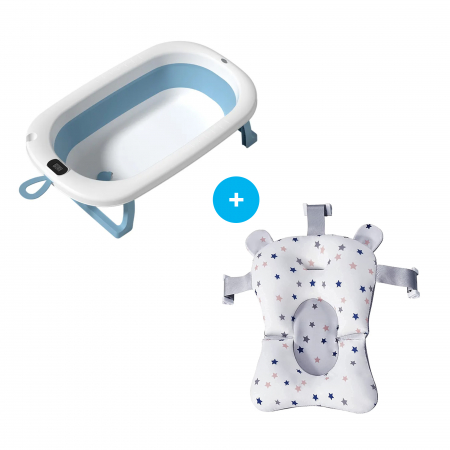 La baita - Set Cadita pliabila pentru bebelusi Beberoyal, cu termometru digital si dop de scurgere, Blue, 76cm CD-000-001 + Suport Textil Baie Bebelusi, Universal, Carlige prindere