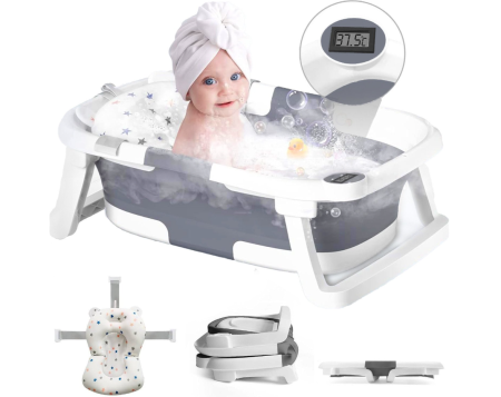 La baita - Cadita de baie pentru bebelusi, cu pernuta textila, portabila, pliabila in 2 moduri, dop indicator de temperatura, picioare antiderapante, suport cap de dus, 63 x 42 x 20 cm, culoare Gri