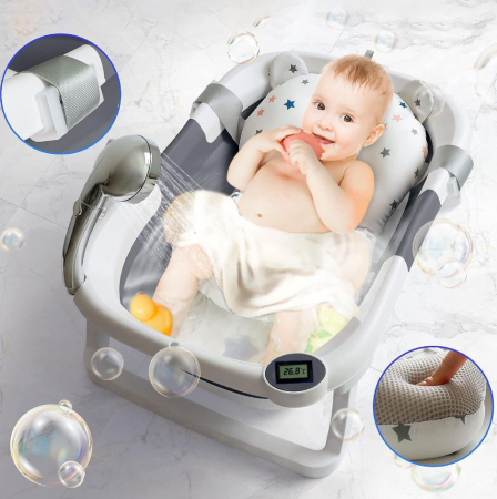 Cadita de baie pentru bebelusi, cu pernuta textila, portabila, pliabila in 2 moduri, dop indicator de temperatura, picioare antiderapante, suport cap de dus, 63 x 42 x 20 cm, culoare Gri [1]
