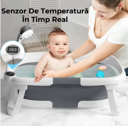 Cadita de baie pentru bebelusi, cu pernuta textila, portabila, pliabila in 2 moduri, dop indicator de temperatura, picioare antiderapante, suport cap de dus, 63 x 42 x 20 cm, culoare Gri [2]