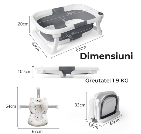 Cadita de baie pentru bebelusi, cu pernuta textila, portabila, pliabila in 2 moduri, dop indicator de temperatura, picioare antiderapante, suport cap de dus, 63 x 42 x 20 cm, culoare Gri [8]