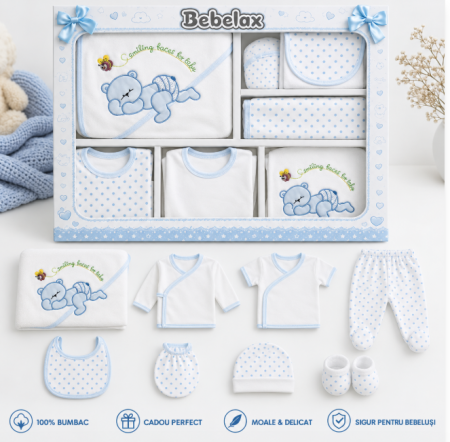 Set nou nascut - Set Cadou,10 piese nou nascut si bebelusi, pentru maternitate, 0-3 luni, model Ursulet somnoros, Bleu