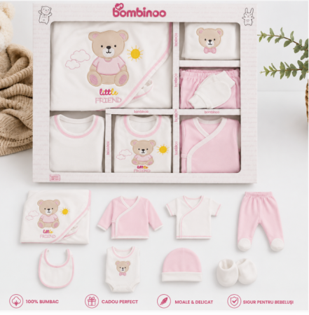 Costumase toamna-iarna - Set  Cadou,10 piese nou nascut si bebelusi, pentru maternitate, 0-3 luni, model Ursulet somnoros, roz