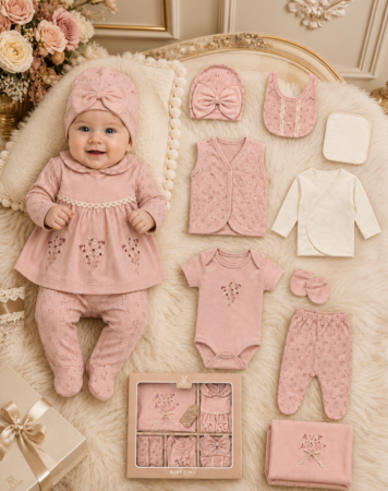 Haine bebe fetite - Set cadou 10 piese pentru nou nascuti, Bumbac Organic, Flori de Liliac