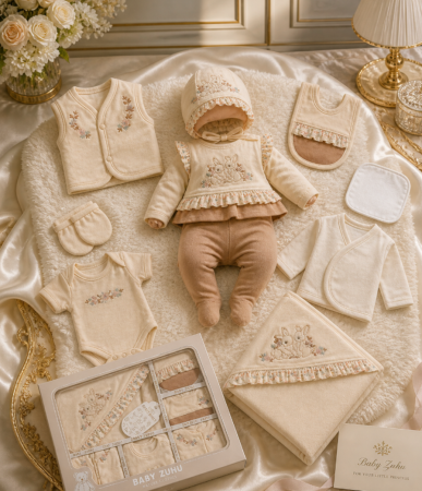 Haine bebe fetite - Set cadou 10 piese pentru nou nascuti, Bumbac Organic, Iepurasi, Cappuccino