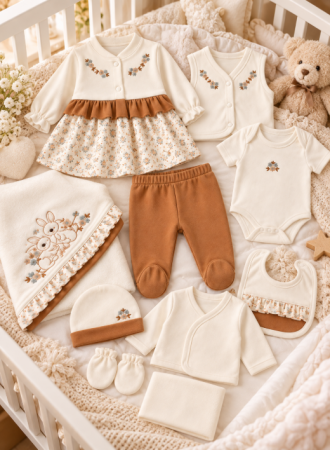 Trusou botez - Set cadou 10 piese pentru nou nascuti, Bumbac Organic, Iepurasi, Cappuccino