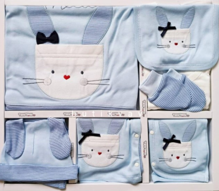Costumase toamna-iarna - Set cadou Bebelusi/Nou-Nascut, imprimeu motanel, TONTON, 0-4 luni, 10 piese, Bumbac 100% anti-alergic,alb albastru