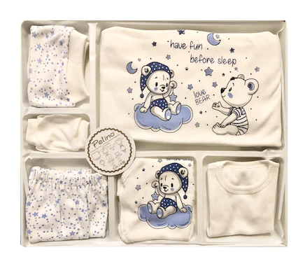 Set nou nascut - Set cadou Bebelusi/Nou-Nascut, imprimeu ursuleti, PETINO BABY, 0-4 luni, 10 piese, Bumbac 100% anti-alergic, Alb/Albastru