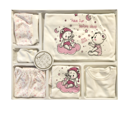 Set nou nascut - Set cadou Bebelusi/Nou-Nascut, imprimeu ursuleti, PETINO BABY, 0-4 luni, 10 piese, Bumbac 100% anti-alergic, Alb/Roz