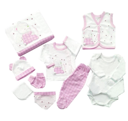 Set nou nascut - Set cadou Bebelusi/Nou-Nascut, imprimeu ursuleti, TONTON, 0-4 luni, 10 piese, Bumbac 100% anti-alergic,alb Roz
