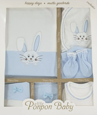 Set nou nascut - Set cadou Bebelusi/Nou-Nascut, imprimeu iepuras, 0-3 luni, albastru