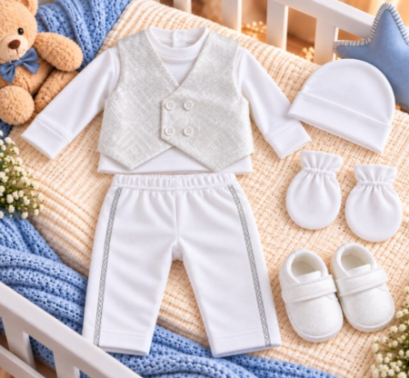 Costumase - Set cadou botez pentru bebeluși – ținută elegantă și completă, alb cu carouri, 0-3 luni