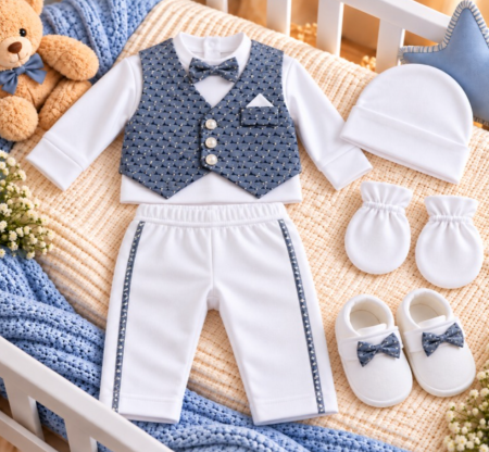 Costumase - Set cadou botez pentru bebeluși – ținută elegantă și completă, albastru cu elegant, 0-3 luni