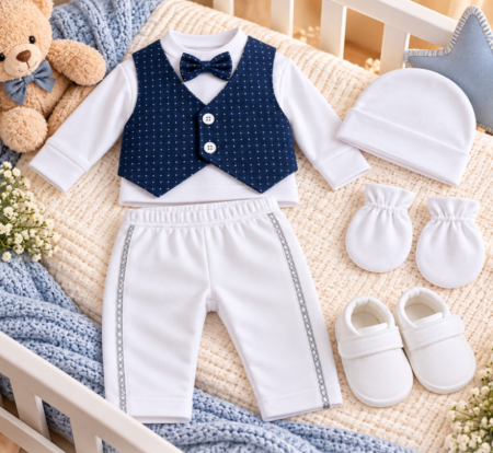 Costumase - Set cadou botez pentru bebeluși – ținută elegantă și completă, albastru intens cu model, 0-3 luni