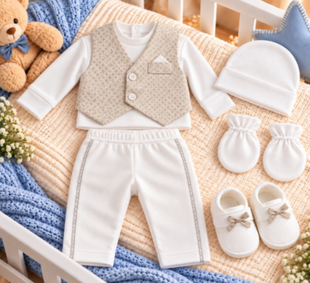 Costumase - Set cadou botez pentru bebeluși – ținută elegantă și completă, bej cu carouri, 0-3 luni