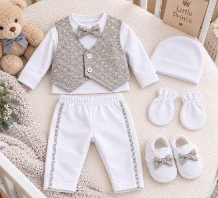 Costum botez - Set cadou botez pentru bebeluși – ținută elegantă și completă, bej sidef, 0-3 luni