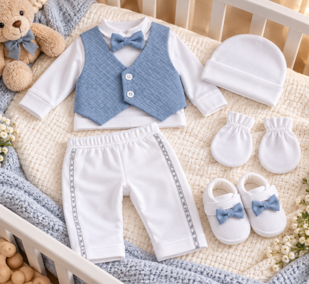 Costum botez - Set cadou botez pentru bebeluși – ținută elegantă și completă, bleu, 0-3 luni
