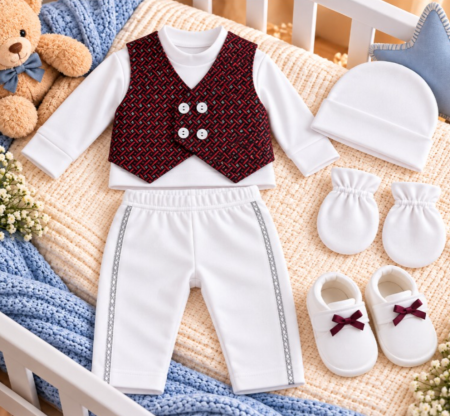 Costumase - Set cadou botez pentru bebeluși – ținută elegantă și completă, burgundy, 0-3 luni