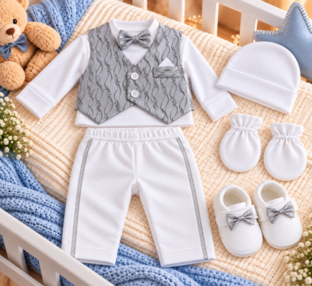 Costumase - Set cadou botez pentru bebeluși – ținută elegantă și completă, gri elegant, 0-3 luni