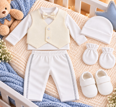 Haine bebe baietei - Set cadou botez pentru bebeluși – ținută elegantă și completă, ivoire, 0-3 luni