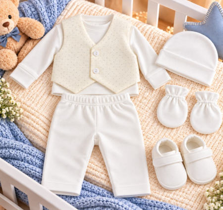 Costumase - Set cadou botez pentru bebeluși – ținută elegantă și completă, ivoire intens, 0-3 luni