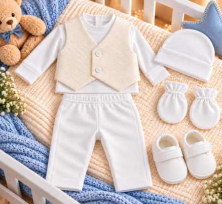 Costumase - Set cadou botez pentru bebeluși – ținută elegantă și completă, ivoire satirat, 0-3 luni